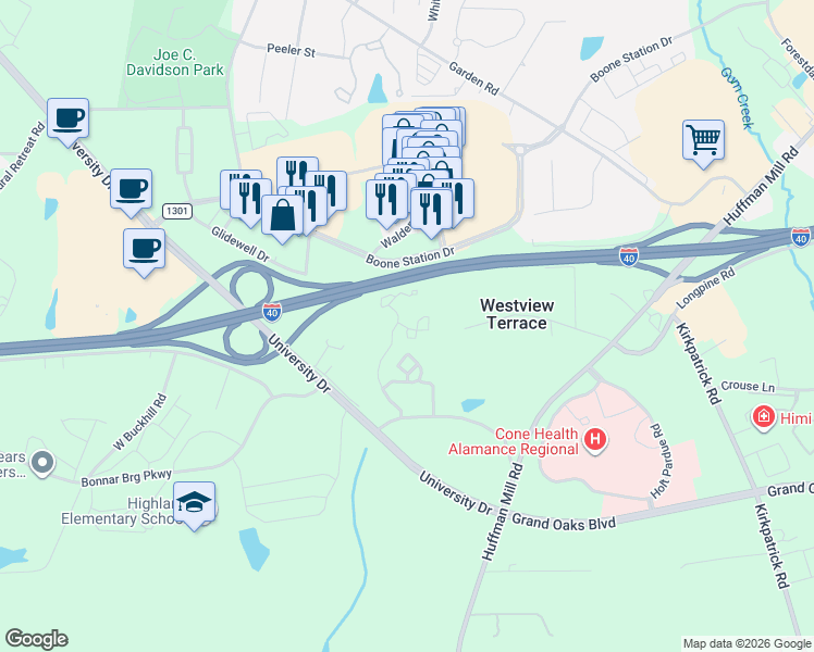 map of restaurants, bars, coffee shops, grocery stores, and more near 1720 Old Saint Marks Church Road in Burlington