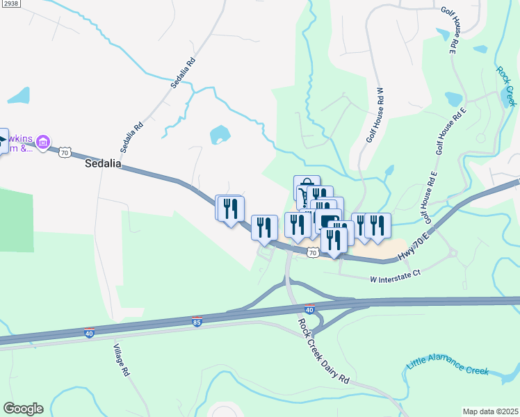 map of restaurants, bars, coffee shops, grocery stores, and more near 6267 Burlington Road in Gibsonville