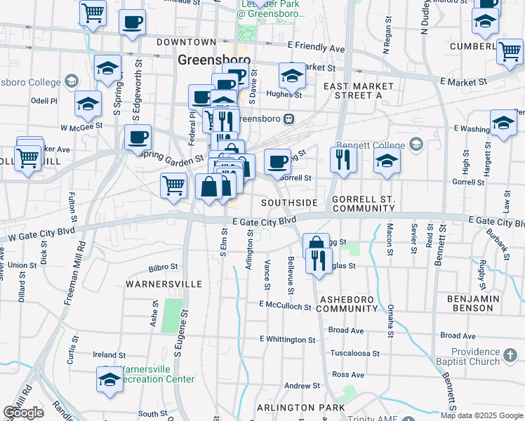 map of restaurants, bars, coffee shops, grocery stores, and more near 200 Murray Street in Greensboro