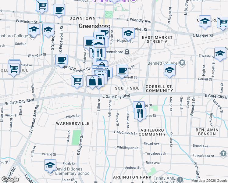map of restaurants, bars, coffee shops, grocery stores, and more near 124 East Gate City Boulevard in Greensboro