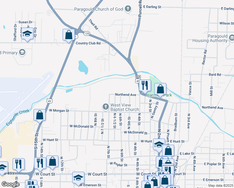 map of restaurants, bars, coffee shops, grocery stores, and more near 712 North 6 1/2 Street in Paragould