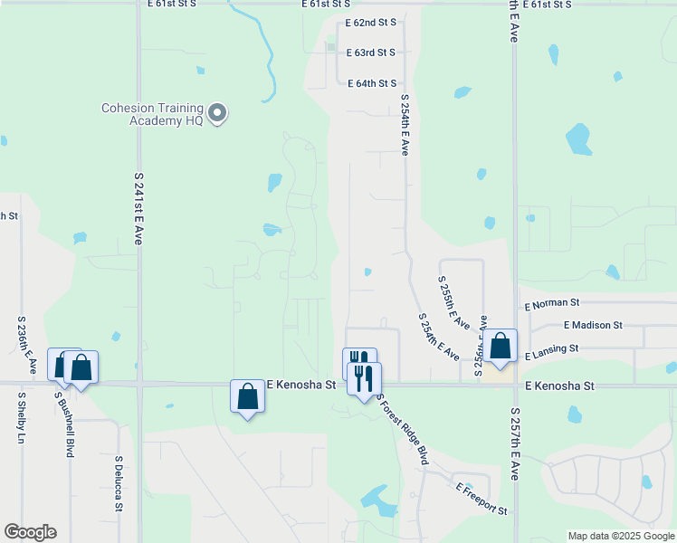map of restaurants, bars, coffee shops, grocery stores, and more near 6830 South 250th East Avenue in Broken Arrow