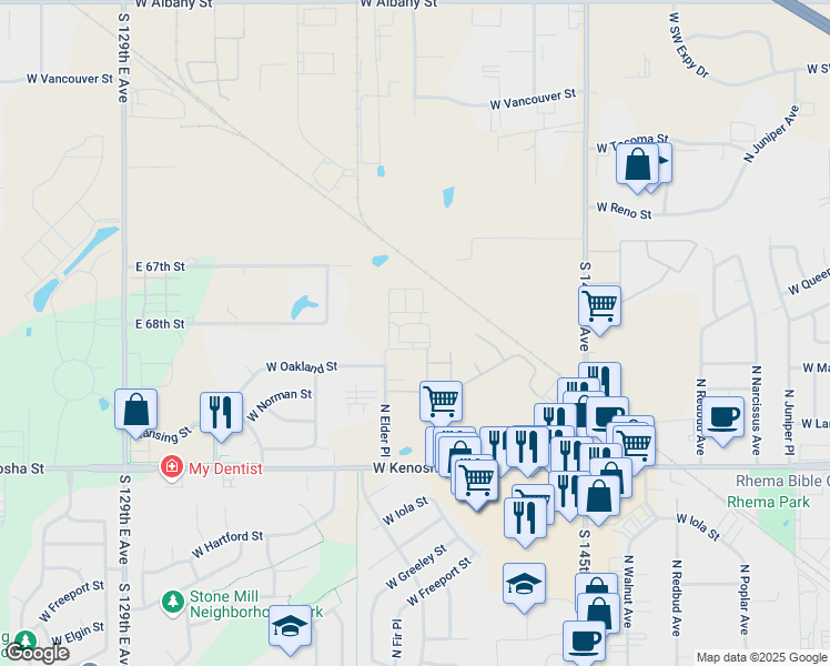 map of restaurants, bars, coffee shops, grocery stores, and more near 2602 West Oakland Place in Broken Arrow