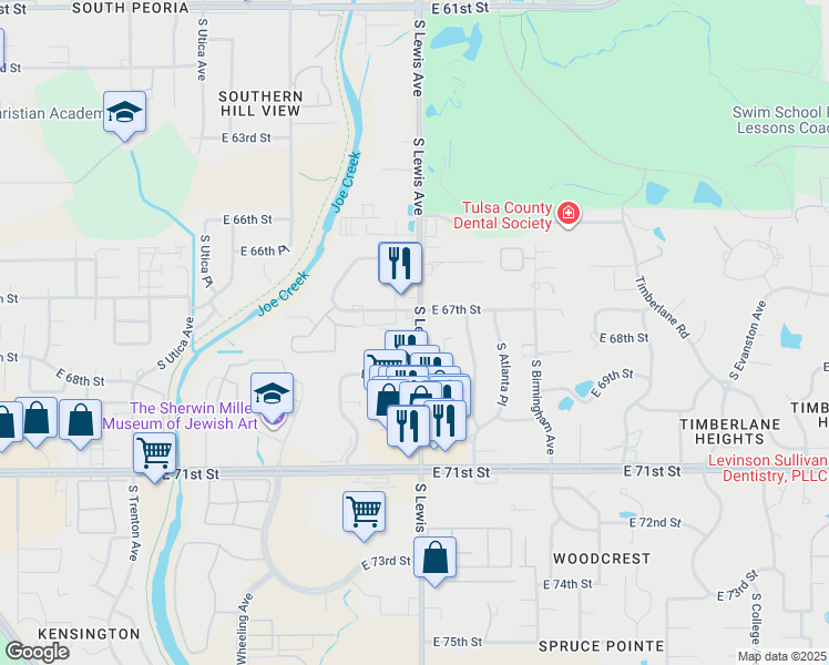 map of restaurants, bars, coffee shops, grocery stores, and more near 6744 South Lewis Avenue in Tulsa