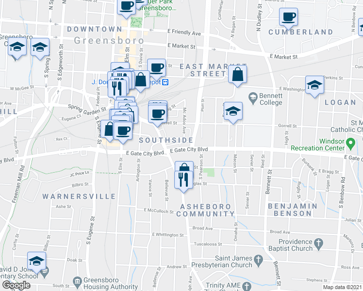 map of restaurants, bars, coffee shops, grocery stores, and more near 449 McAdoo Avenue in Greensboro