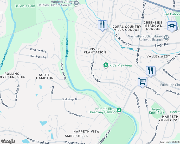map of restaurants, bars, coffee shops, grocery stores, and more near 8529 Sawyer Brown Road in Nashville