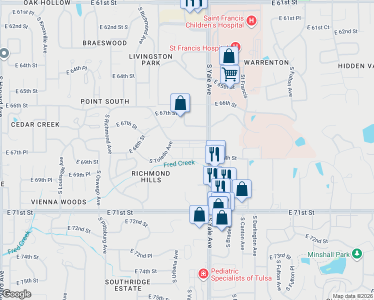 map of restaurants, bars, coffee shops, grocery stores, and more near 4740 East 68th Street in Tulsa