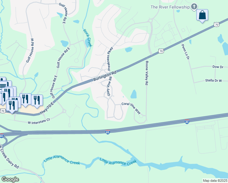 map of restaurants, bars, coffee shops, grocery stores, and more near 1027 Oak Blossom Way in Whitsett