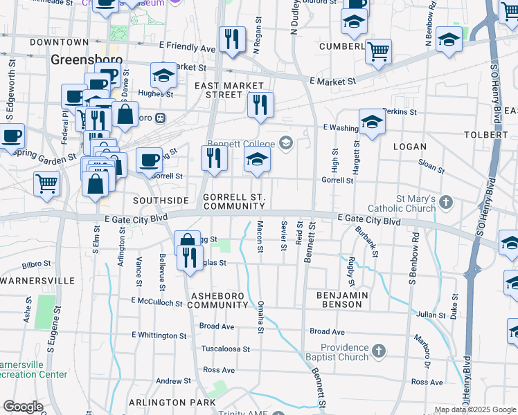 map of restaurants, bars, coffee shops, grocery stores, and more near 624 East Gate City Boulevard in Greensboro