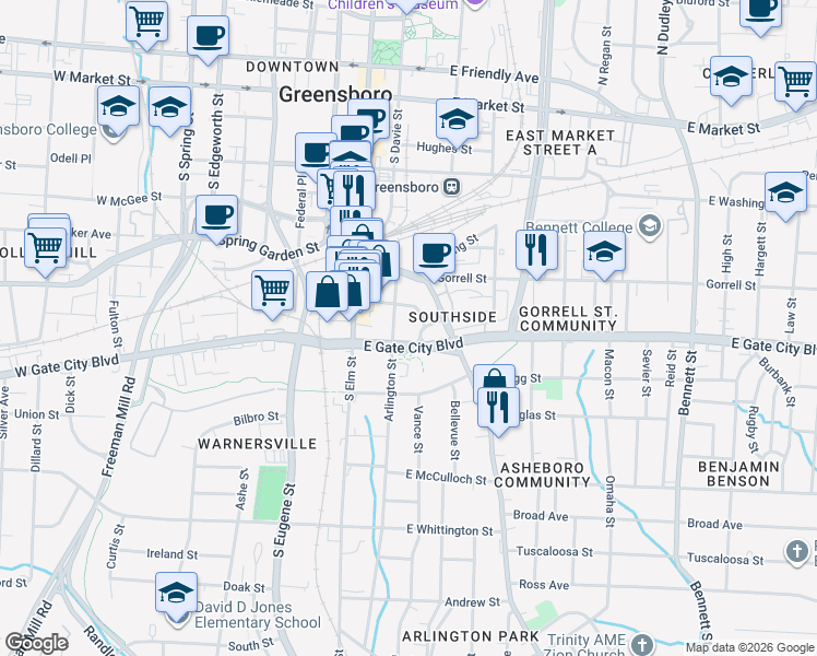 map of restaurants, bars, coffee shops, grocery stores, and more near 200 Murray Street in Greensboro