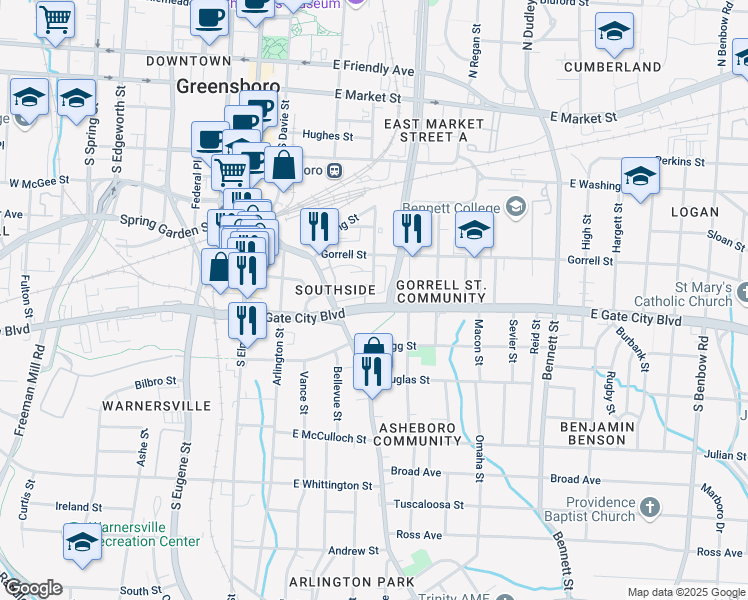 map of restaurants, bars, coffee shops, grocery stores, and more near 445 McAdoo Avenue in Greensboro