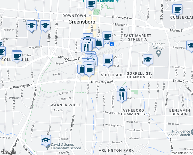 map of restaurants, bars, coffee shops, grocery stores, and more near 124 East Gate City Boulevard in Greensboro