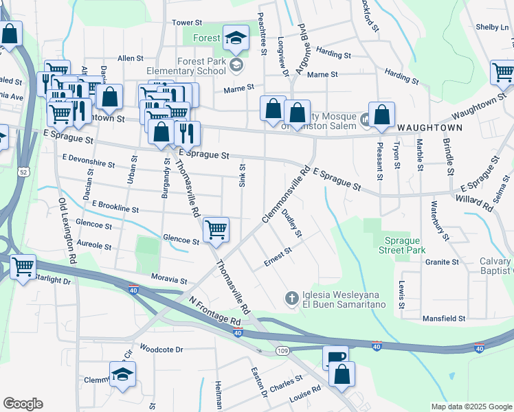 map of restaurants, bars, coffee shops, grocery stores, and more near 2510 Peachtree Street in Winston-Salem