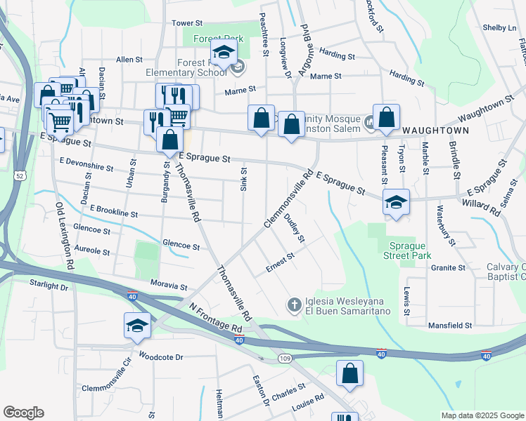 map of restaurants, bars, coffee shops, grocery stores, and more near 2510 Peachtree Street in Winston-Salem