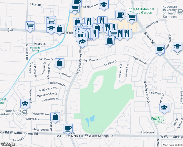 map of restaurants, bars, coffee shops, grocery stores, and more near 3003 La Mesa Drive in Henderson