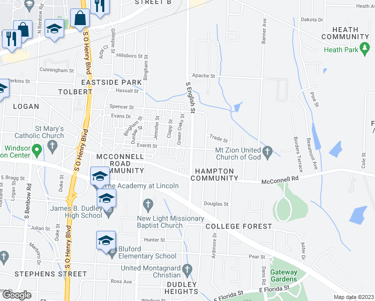 map of restaurants, bars, coffee shops, grocery stores, and more near 2130 Everitt Street in Greensboro