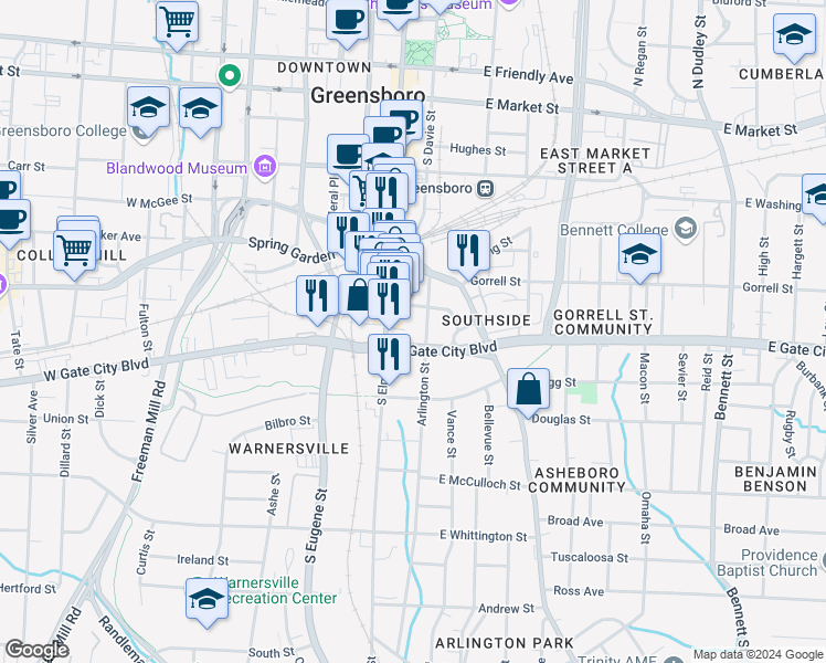 map of restaurants, bars, coffee shops, grocery stores, and more near 452 Arlington Street in Greensboro