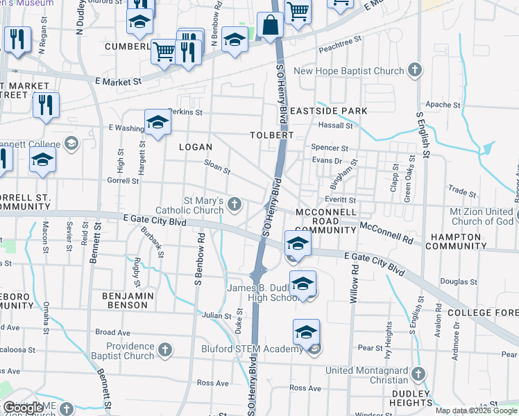 map of restaurants, bars, coffee shops, grocery stores, and more near 901 South O Henry Boulevard in Greensboro