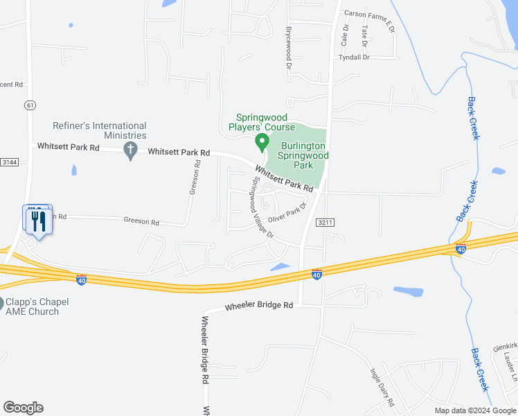 map of restaurants, bars, coffee shops, grocery stores, and more near 7340 Garett Park Drive in Whitsett