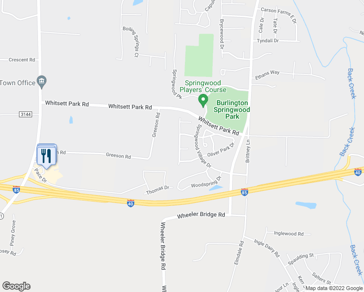 map of restaurants, bars, coffee shops, grocery stores, and more near 7304 Daffodil Lane in Whitsett