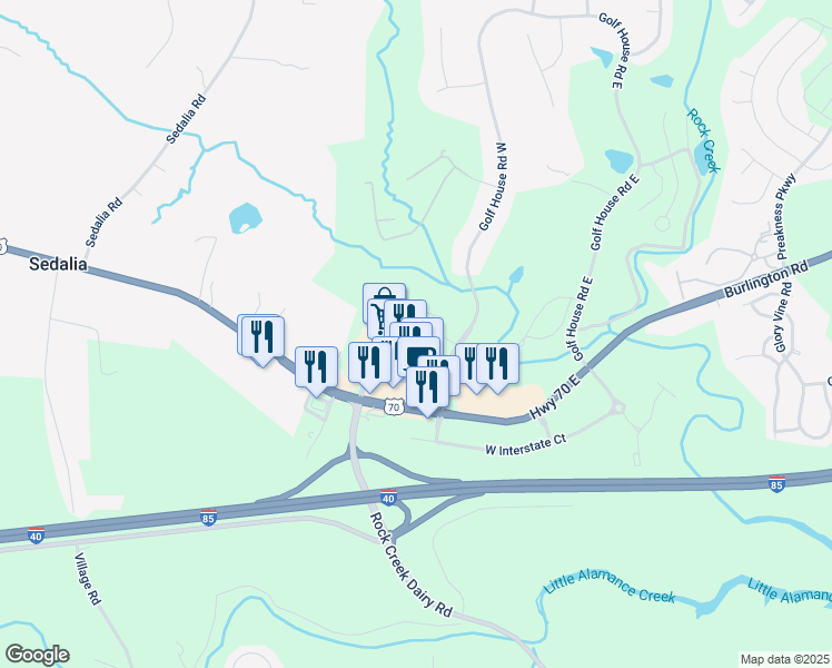 map of restaurants, bars, coffee shops, grocery stores, and more near 6407 Bellcross Trail in Whitsett