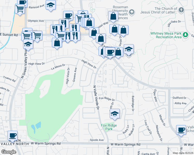 map of restaurants, bars, coffee shops, grocery stores, and more near 2695 Dulcinea Drive in Henderson