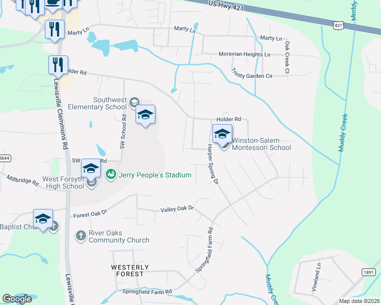 map of restaurants, bars, coffee shops, grocery stores, and more near 6255 Spring Park Road in Clemmons