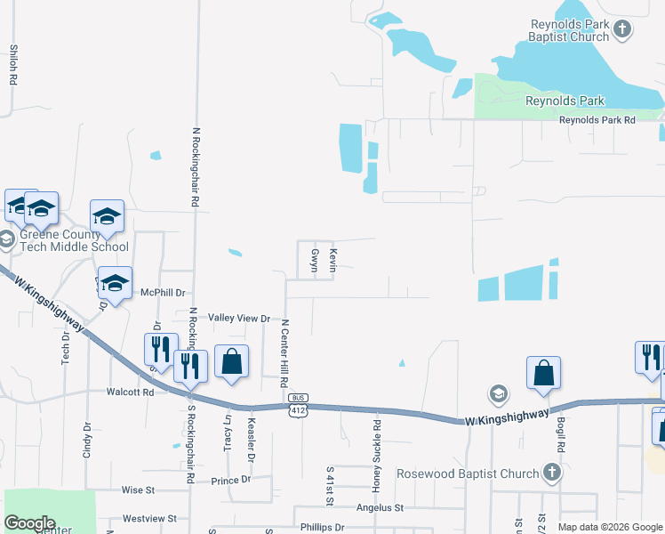 map of restaurants, bars, coffee shops, grocery stores, and more near 610 Kevin in Paragould