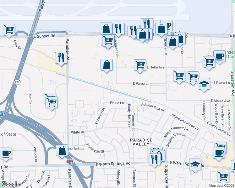 map of restaurants, bars, coffee shops, grocery stores, and more near 1354 Finale Lane in Las Vegas