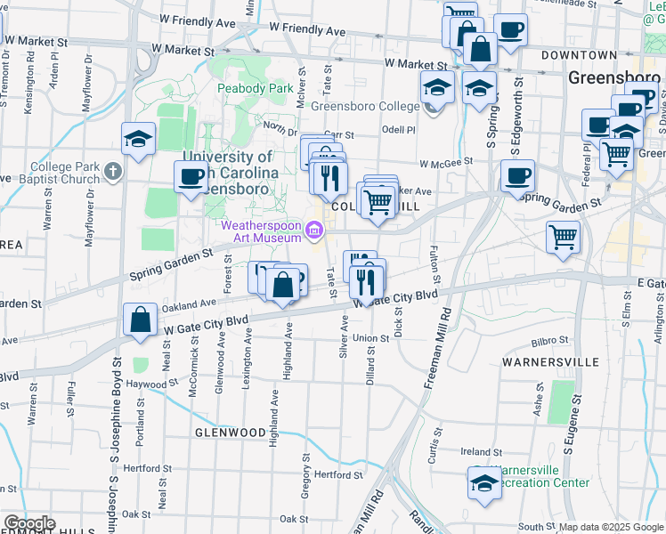 map of restaurants, bars, coffee shops, grocery stores, and more near 630 Joyner Street in Greensboro