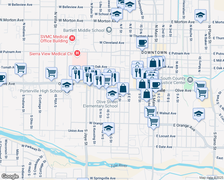 map of restaurants, bars, coffee shops, grocery stores, and more near 255 West Olive Avenue in Porterville