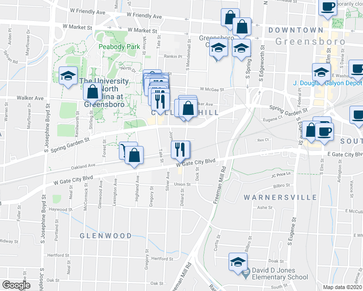 map of restaurants, bars, coffee shops, grocery stores, and more near 626 South Mendenhall Street in Greensboro