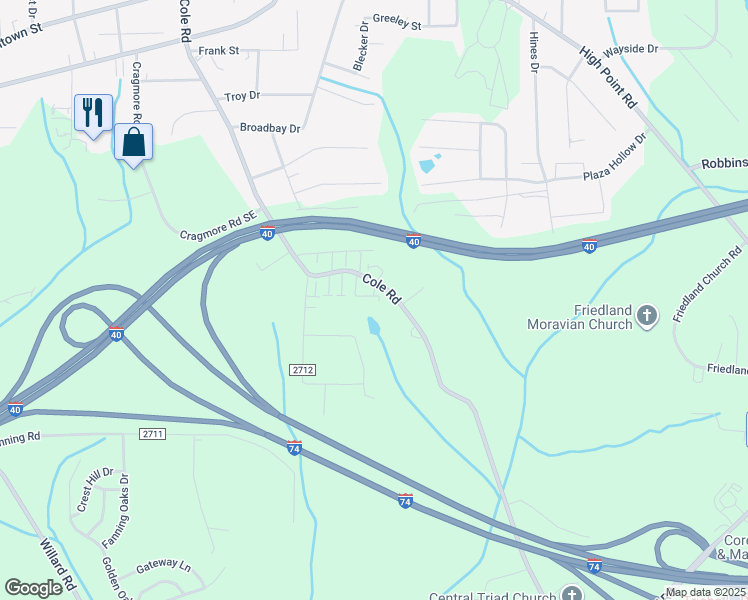 map of restaurants, bars, coffee shops, grocery stores, and more near 818 Meadow Ridge Court in Winston-Salem