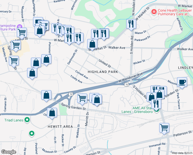 map of restaurants, bars, coffee shops, grocery stores, and more near 4219 Harvard Avenue in Greensboro