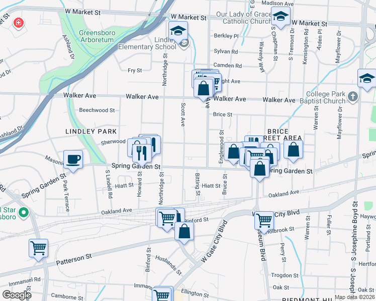 map of restaurants, bars, coffee shops, grocery stores, and more near in Greensboro