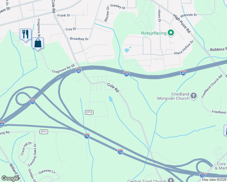 map of restaurants, bars, coffee shops, grocery stores, and more near 828 Meadow Ridge Court in Winston-Salem