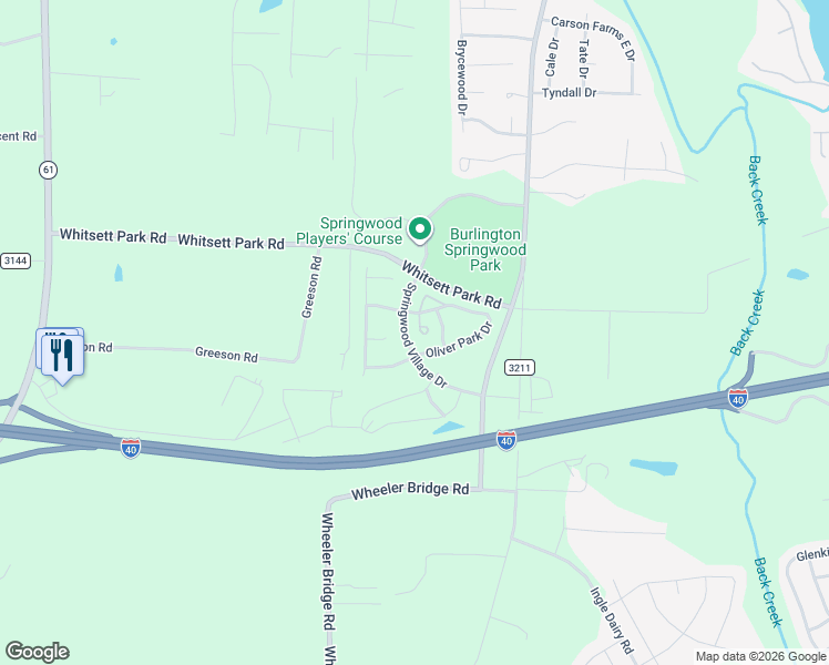 map of restaurants, bars, coffee shops, grocery stores, and more near 7728 Oliver Park Drive in Whitsett