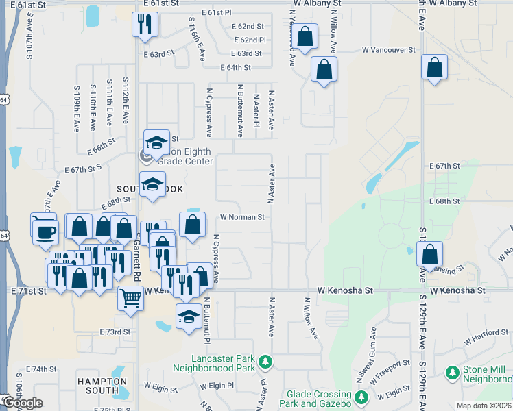 map of restaurants, bars, coffee shops, grocery stores, and more near 4421 West Norman Street in Broken Arrow
