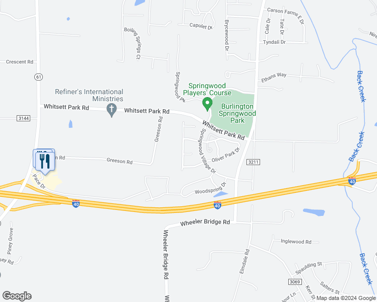 map of restaurants, bars, coffee shops, grocery stores, and more near 7308 Daffodil Lane in Whitsett