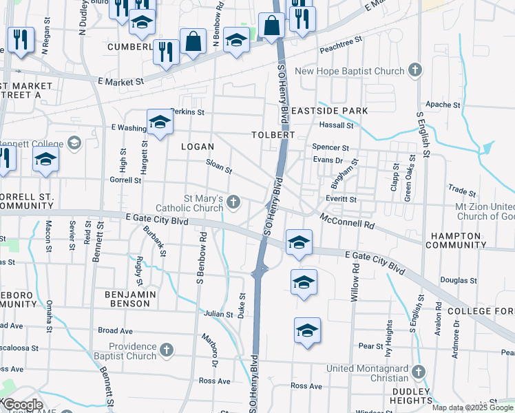 map of restaurants, bars, coffee shops, grocery stores, and more near 1504 Gorrell Street in Greensboro