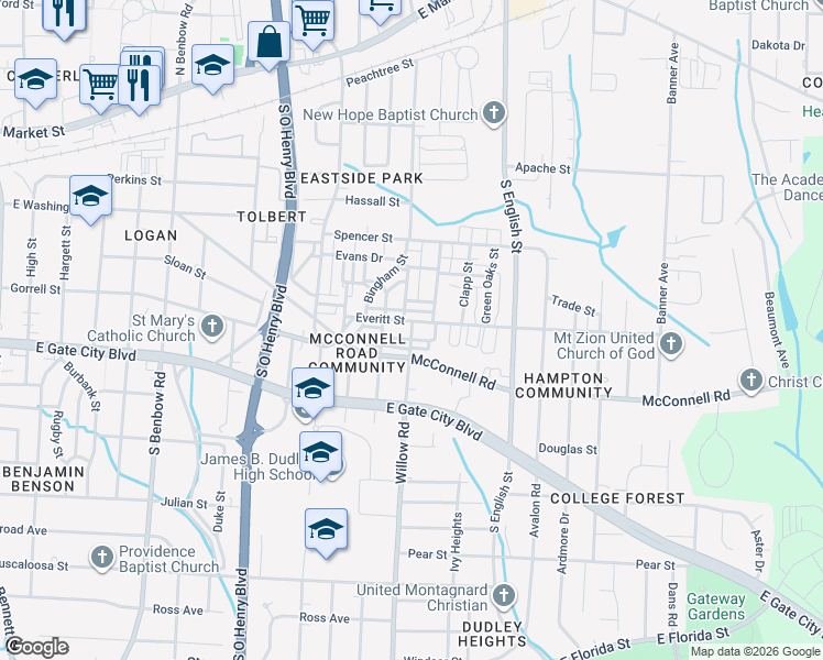 map of restaurants, bars, coffee shops, grocery stores, and more near in Greensboro