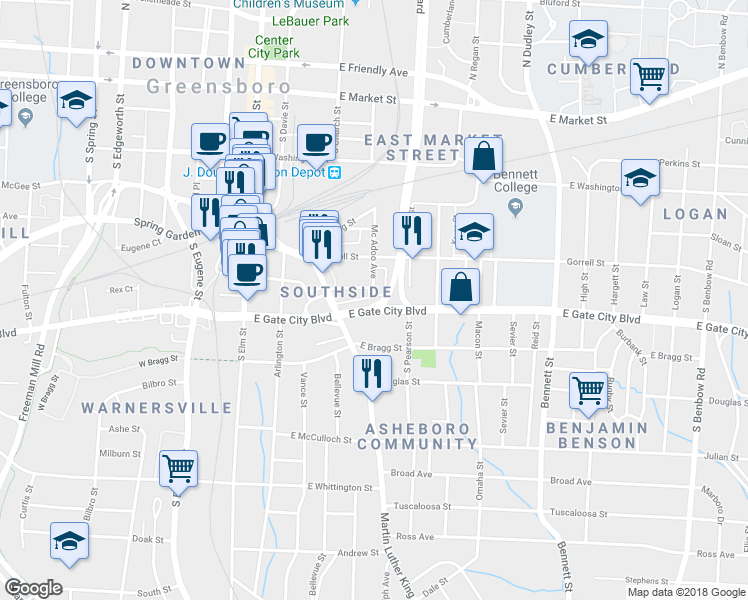 map of restaurants, bars, coffee shops, grocery stores, and more near 443 McAdoo Avenue in Greensboro