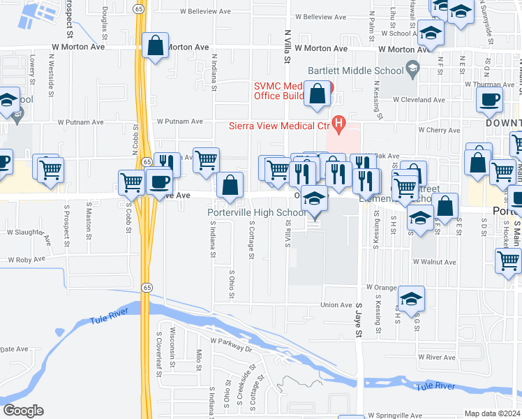 map of restaurants, bars, coffee shops, grocery stores, and more near 44 South Cottage Street in Porterville