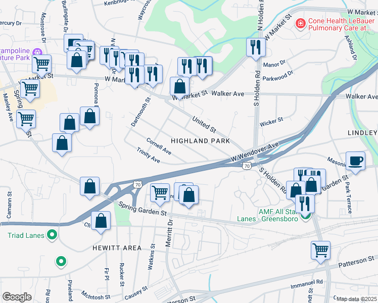 map of restaurants, bars, coffee shops, grocery stores, and more near 4219 Harvard Avenue in Greensboro