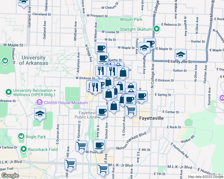 map of restaurants, bars, coffee shops, grocery stores, and more near 101 Shipley Alley in Fayetteville