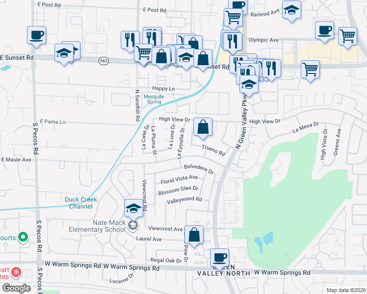 map of restaurants, bars, coffee shops, grocery stores, and more near 3130 La Mesa Drive in Henderson