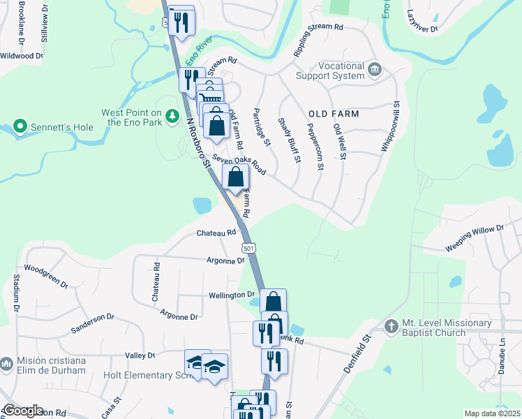 map of restaurants, bars, coffee shops, grocery stores, and more near 4900 Old Farm Road in Durham