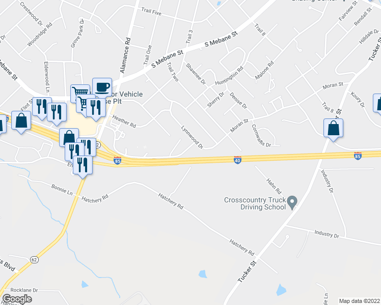 map of restaurants, bars, coffee shops, grocery stores, and more near 2727 Kirkwood Drive in Burlington