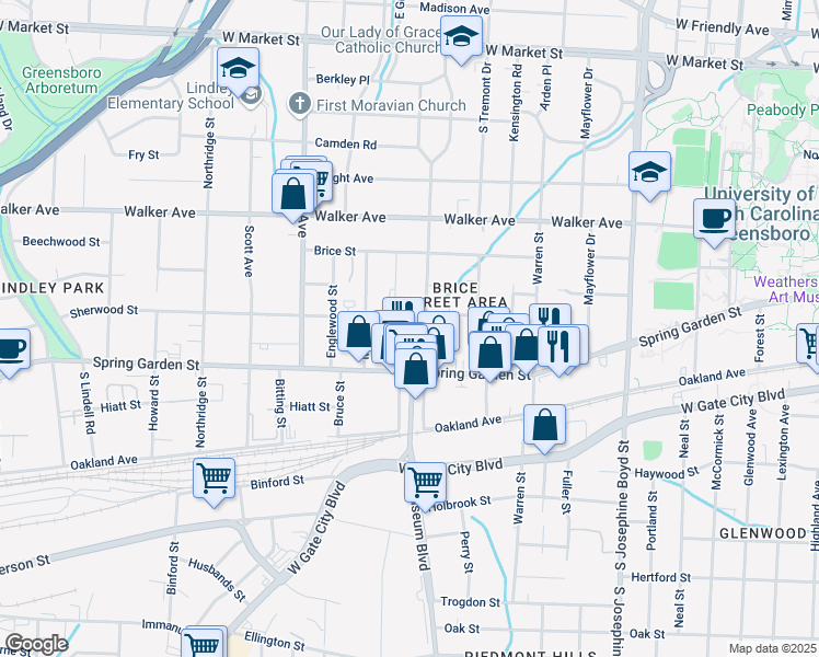map of restaurants, bars, coffee shops, grocery stores, and more near 5 Pomroy Street in Greensboro