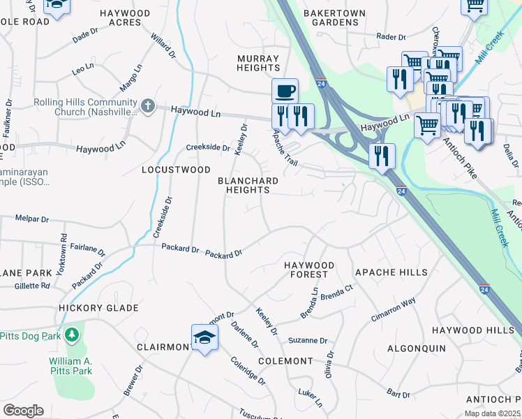 map of restaurants, bars, coffee shops, grocery stores, and more near 203 Creekside Court in Nashville